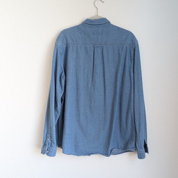 Frank & Oak Clark Blue Denim Relaxed Fit Button Up Long Sleeve Shirt, size L - Picture 2 of 8
